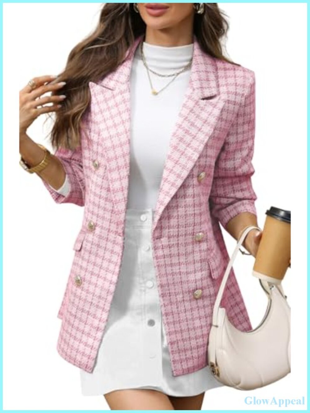Oversized Plaid Tweed Blazer Boyfriend Style Double Breasted Business Casual